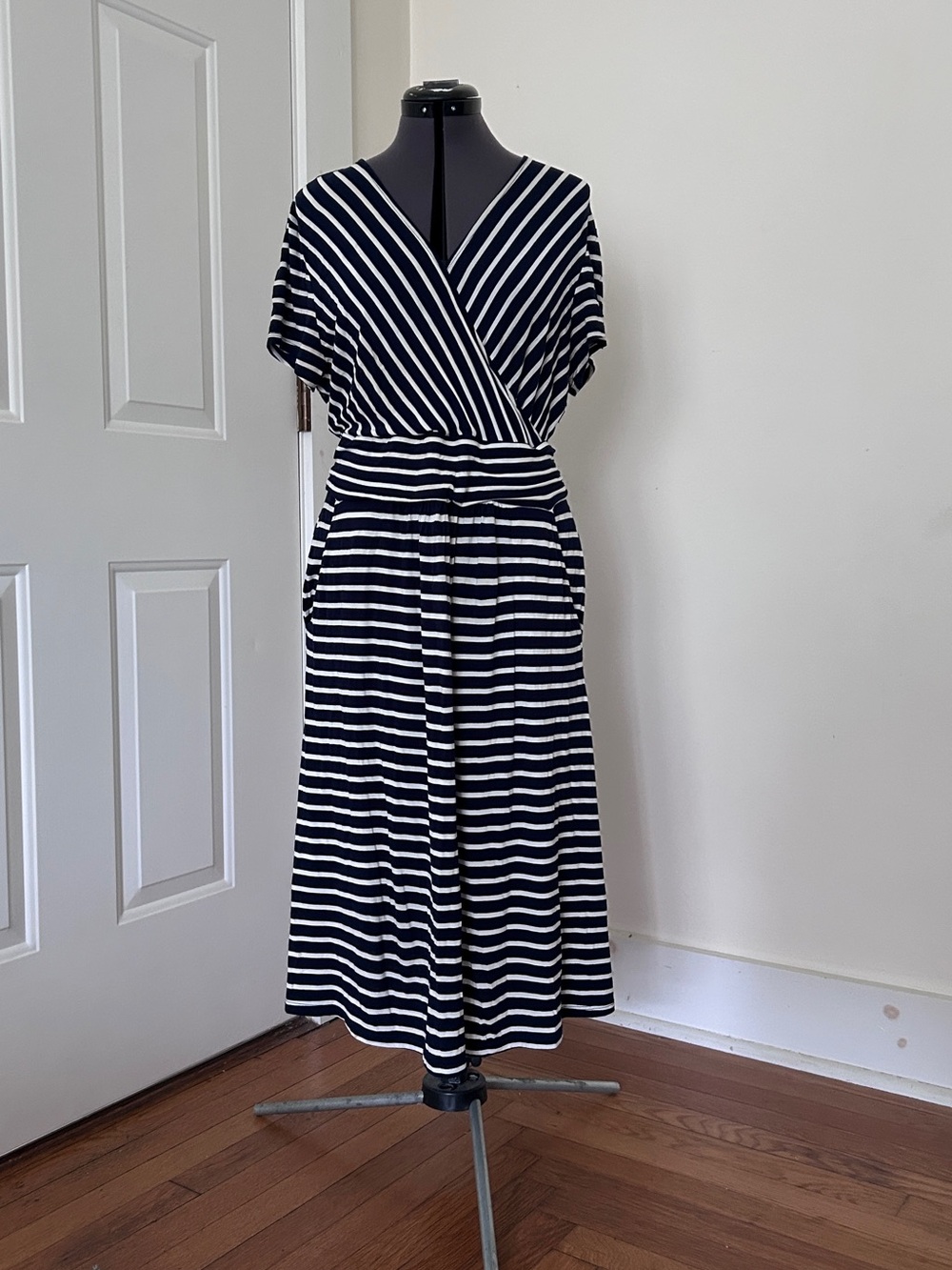 Boden Lola Faux Wrap Striped Navy and White Wrap Dress